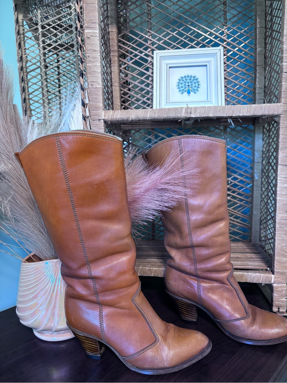 Vintage La Vallée Tan Leather Stacked Heel Boots Size 6.5